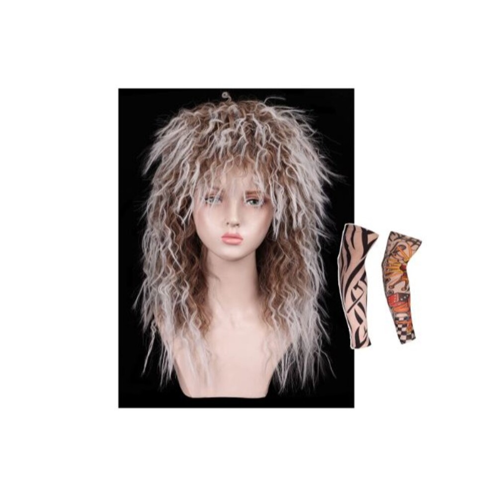 Long Cruly Wig 25 in with 2 Tattoo Sleeves for Women Blond/ Brown 80s Front Look